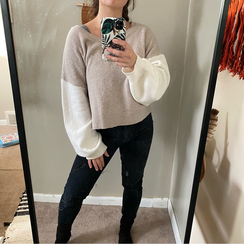 William Rast Tan Cream Scoop Neck Cozy Sweater Large